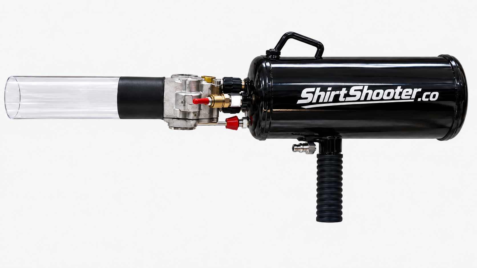 ShirtShooter.co air-powered t-shirt cannon with clear launch tube and black tank