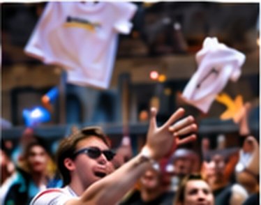 Corporate event audience cheering and catching giveaways during a promotion