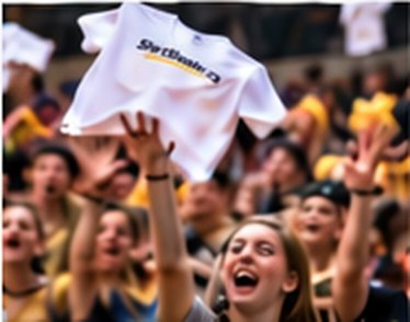 High school crowd at a pep rally reaching up to catch a launched ShirtShooter.co t-shirt