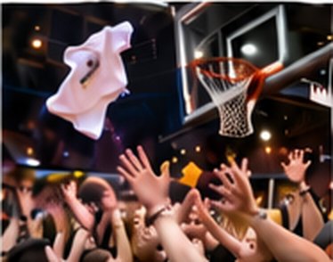 Basketball arena crowd with arms raised as a t-shirt flies toward the bleachers